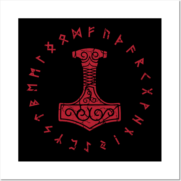 Thors Hammer Mjolnir Norse Pagan Elder Futhark Runes Worn Red Wall Art by Blue Pagan